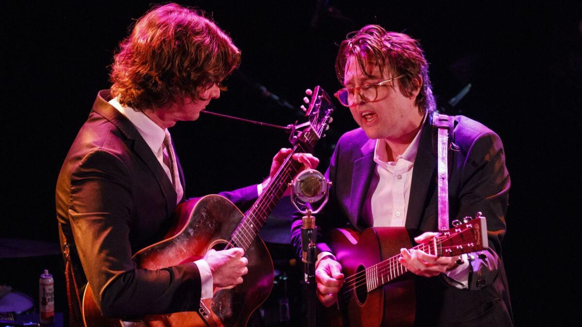The Milk Carton Kids - Joey Ryan, left, and Kenneth Pattengale -sang John Prine's 1980 song 'Storm Windows' during Saturday's Americana Music Assn. tribute to Prine in West Hollywood.