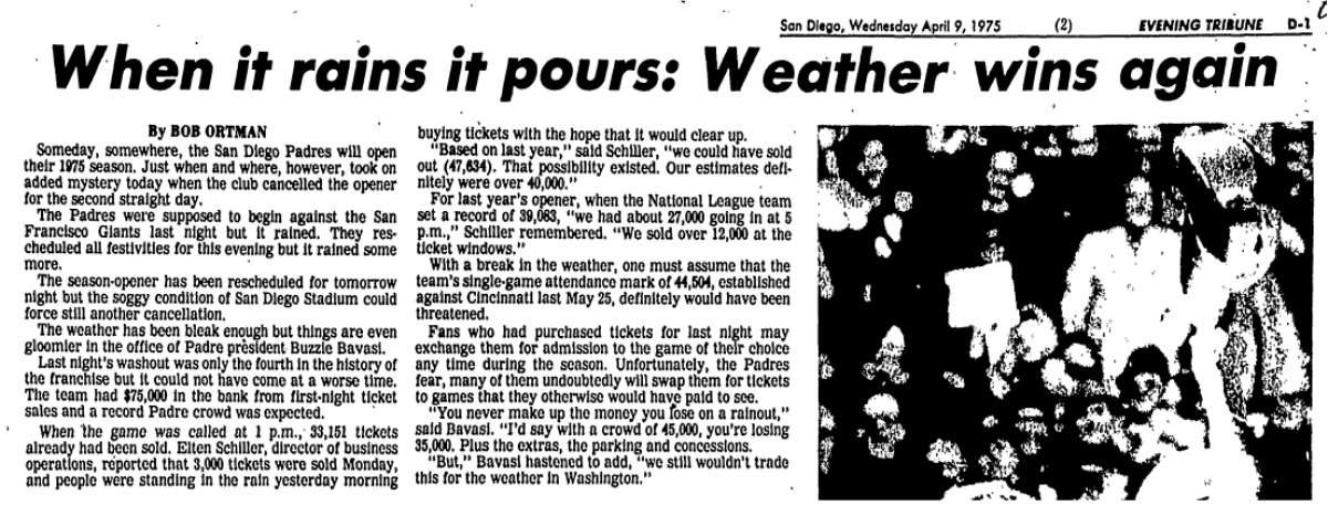 The Padres were rained out at the start of the 1975 season