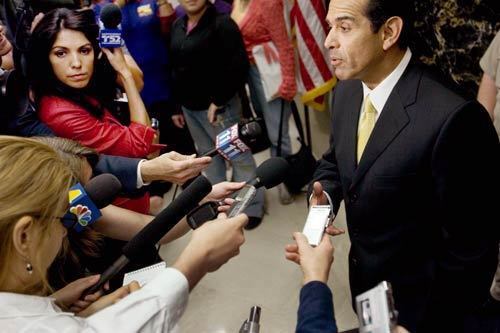 Telemundo 52 reporter Mirthala Salinas, top left in red, at a news conference by Villaraigosa outside Gov. Schwarzenegger's office in Sacramento on June 20, 2006, when the mayor was stumping for a bill that would give him more control over the L.A. Unified School District.