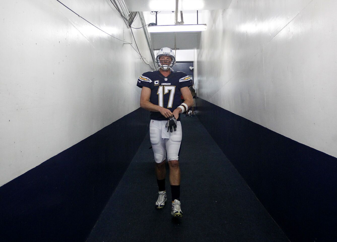 San Diego Chargers quarterback Philip Rivers takes the field before a game against the Kansas City Chiefs at Qualcomm Stadium on Sunday, Jan. 1, 2016.
