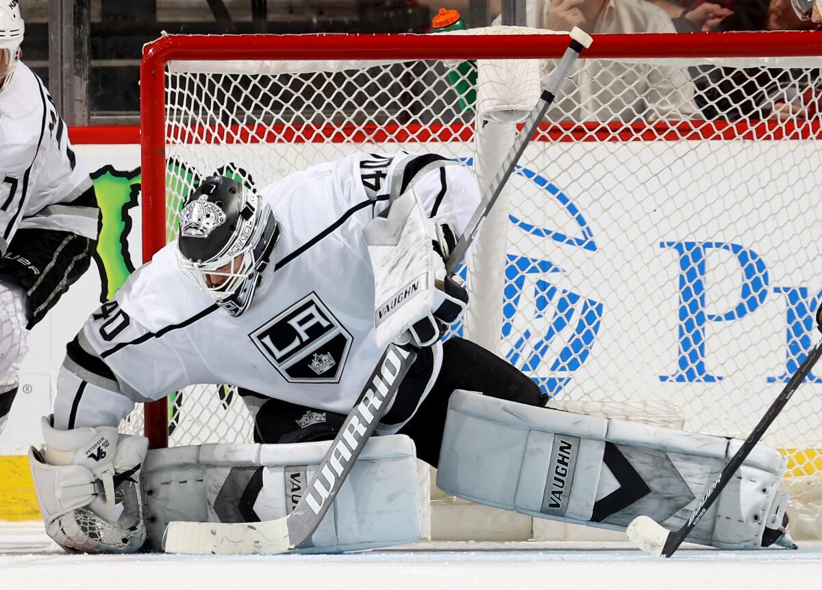 Kings goalie Cal Petersen stops a third-period shot against the Devils on Feb. 8, 2020, in Newark, N.J.