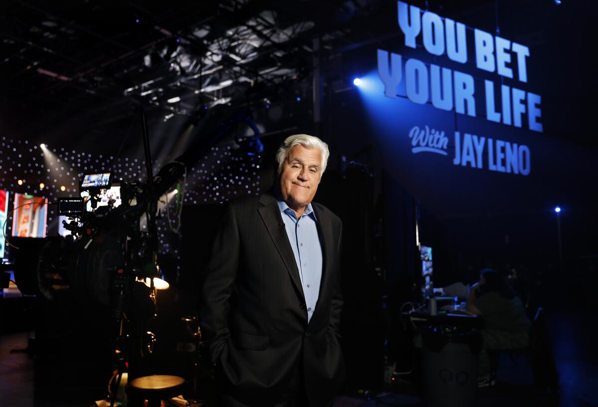 Jay Leno on set of "You Bet Your Life," in Pacoima. (Christina House / Los Angeles Times)