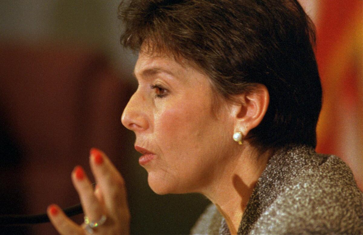 Sen. Barbara Boxer gives a summary statement at the conclusion of the Orange County Financial Crisis Fact-Finding Session at the Anaheim City Council Chambers, Dec. 15, 1994.