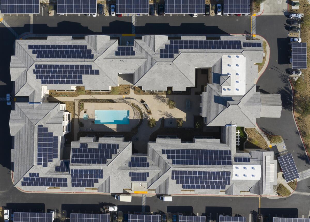 An aerial view of Day Creek Villas, a zero-net-energy senior housing development in Rancho Cucamonga.