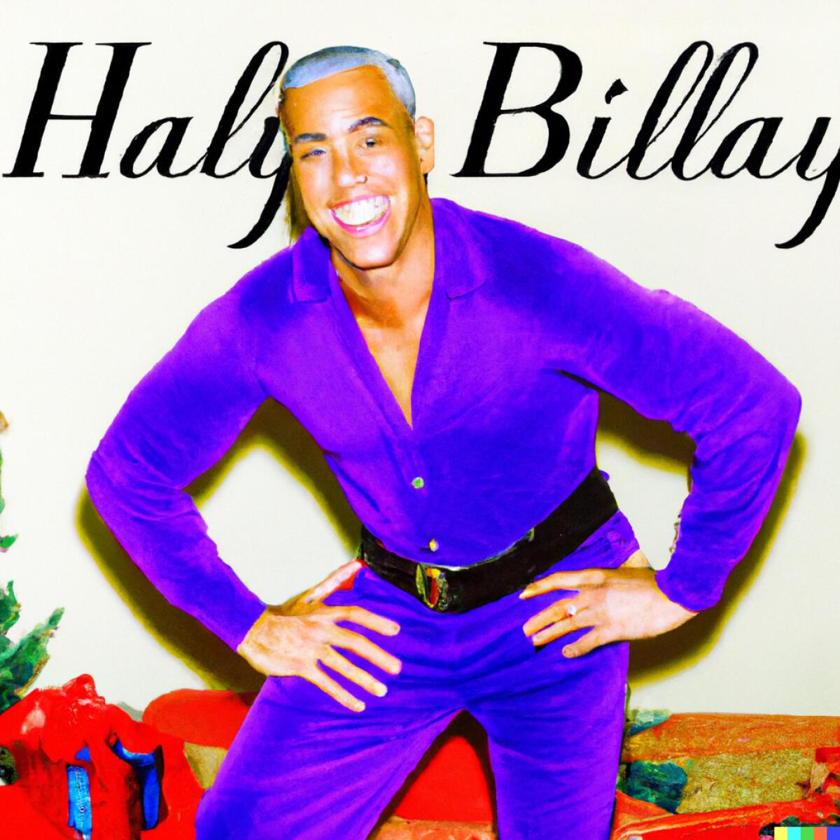 a smiling man in a purple jumpsuit with his hands on his hips