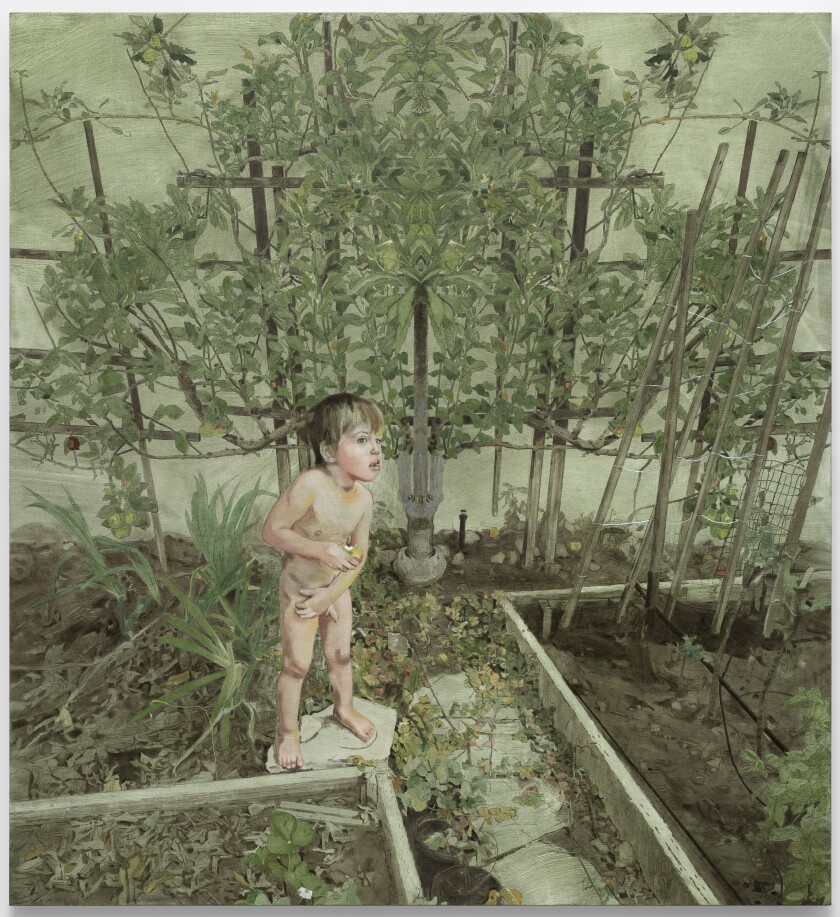 "First Bite" by Patty Wickman, 2018-19, on view at Lora Schlesinger Gallery. Oil on linen, 84 inches by 104 inches.