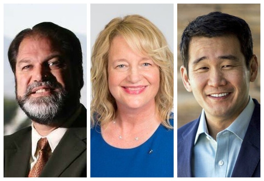 Candidates for the 37th state Senate District seat are, from left, incumbent John Moorlach, Costa Mesa Mayor Katrina Foley and UC Irvine law professor Dave Min.