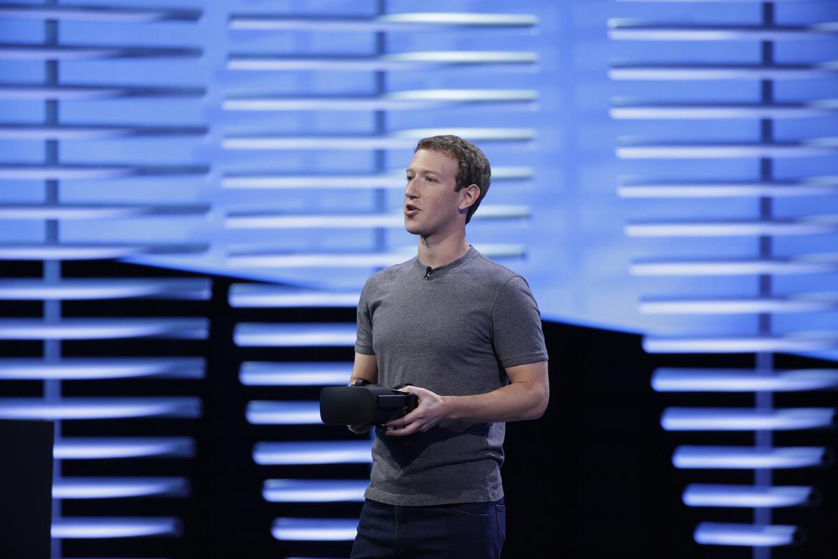 Facebook CEO Mark Zuckerberg discusses the future of virtual reality and augmented realty at the company's F8 conference Tuesday in San Francisco.