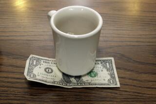 ** FOR USE TUESDAY JUNE 24 ** A tip is left by a customer at Linda's Place Restaurant in St. Clair Shores, Mich., Thursday, June 19, 2008. Bartenders, waiters, hair stylists, cab drivers and other workers who depend on tips for much of their income are among those who say they are seeing decreases as customers feeling the economic pinch trim their gratuities _ or sometimes omit them entirely. (AP Photo/Paul Sancya) ORG XMIT: NGM_0K2RS1KA coffee cup dollar bill ***** Column: BEST OF THE WEEK'S BLOGS *** Headline: You only thought you stiffed that waitress (2/26/12) *****