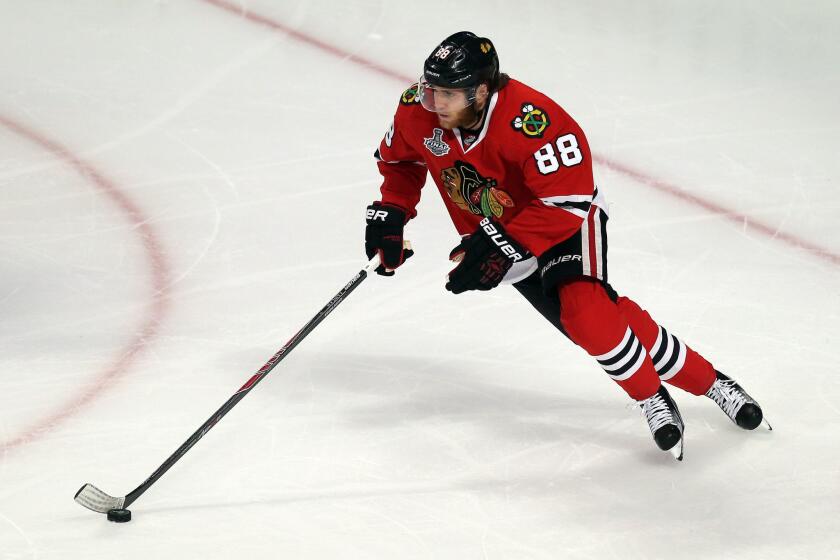 Chicago Blackhawks forward Patrick Kane skates with the puck during Game 3 of the Stanley Cup Final against the Tampa Bay Lightning.