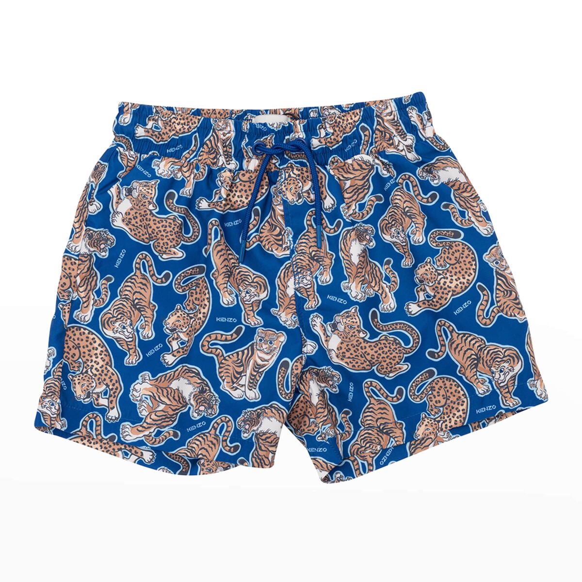 A pair of blue swim trunks with an allover tiger print