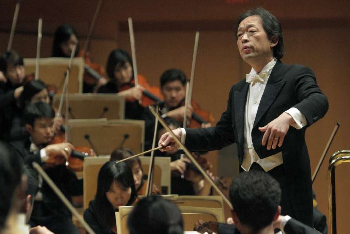 Myung-Whun Chung conducts the Seoul Philharmonic Orchestra at Walt Disney Concert Hall in 2012. Racked by controversy and funding woes at home, the orchestra has canceled its spring U.S. tour, including an April 15 date at Disney Hall.