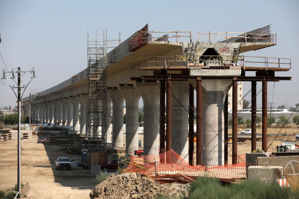 Construction of California's high-speed rail project in Fresno in August 2018.