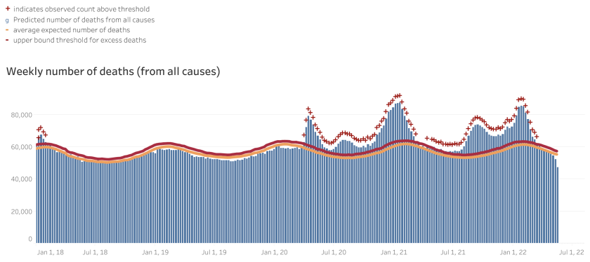 A graph comparing expected and actual deaths in the U.S. since January 2018.