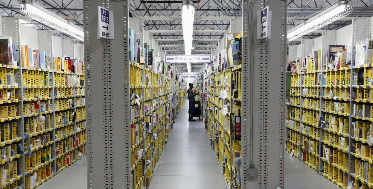 Books at an Amazon warehouse. The retailer is in a dispute with publisher Hachette.