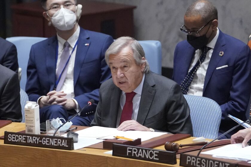United Nations Secretary-General Antonio Guterres speaks during high level Security Council meeting on situation in Ukraine, Thursday, Sept. 22, 2022 at United Nations headquarters. (AP Photo/Mary Altaffer)