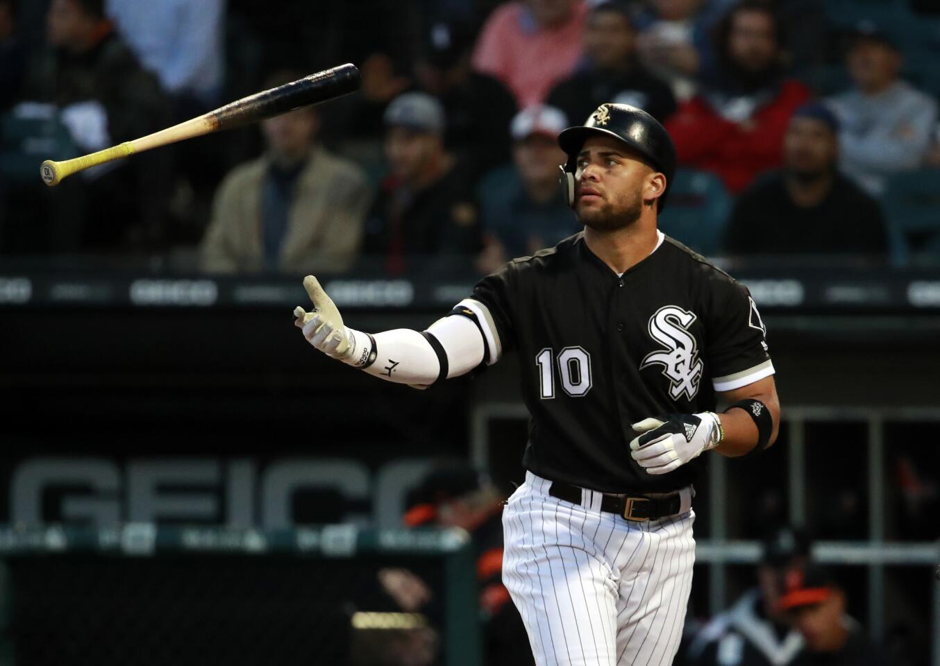 White Sox second baseman Yoan Moncada (10) flips his bat after striking out during the second inning against the Orioles at Guaranteed Rate Field on Tuesday, May 22, 2018.