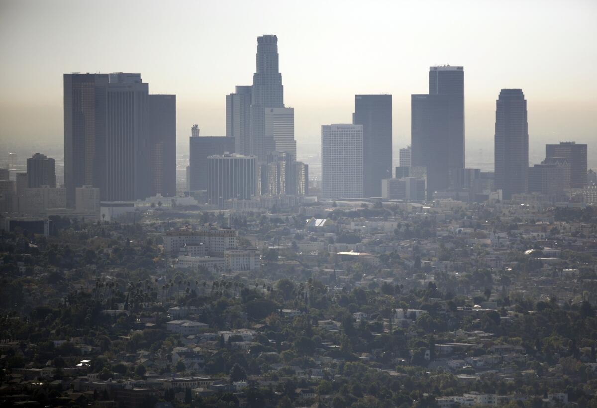 A hazy view of downtown Los Angeles, as seen from the Griffith Observatory.