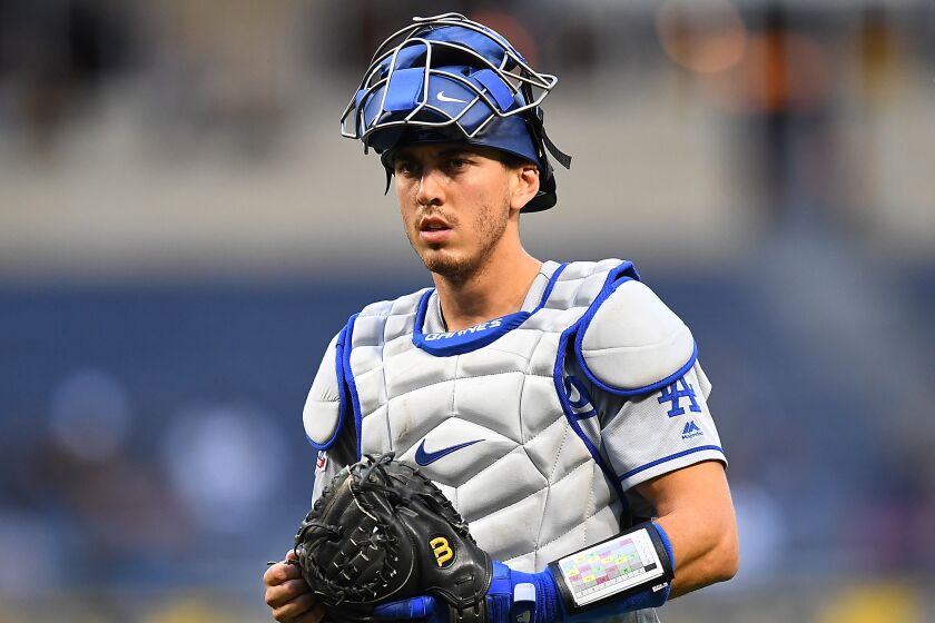 PITTSBURGH, PA - JUNE 06: Austin Barnes #15 of the Los Angeles Dodgers looks on during the game against the Pittsburgh Pirates at PNC Park on June 6, 2018 in Pittsburgh, Pennsylvania. (Photo by Joe Sargent/Getty Images)