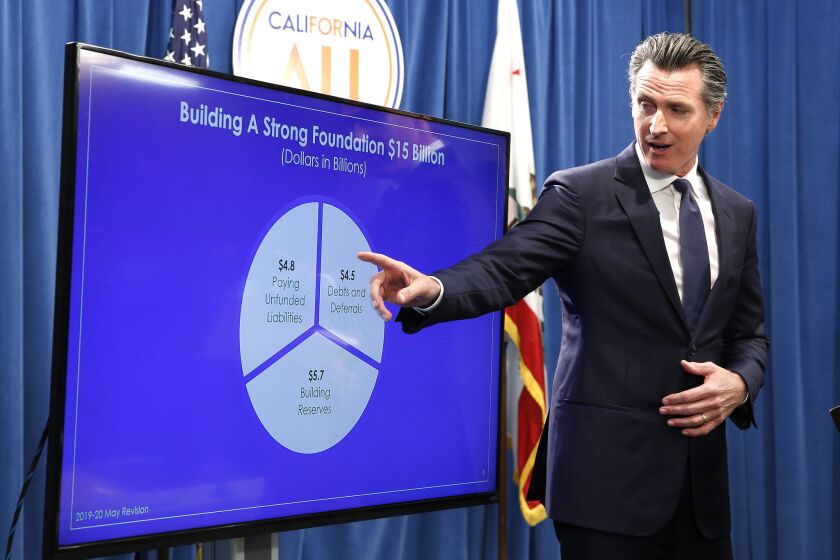 Gov. Gavin Newsom discusses his revised 2019-2020 state budget during a news conference Thursday, May 9, 2019, in Sacramento, Calif. Newsom, a Democrat, has proposed a $213.5 billion spending plan. (AP Photo/Rich Pedroncelli)