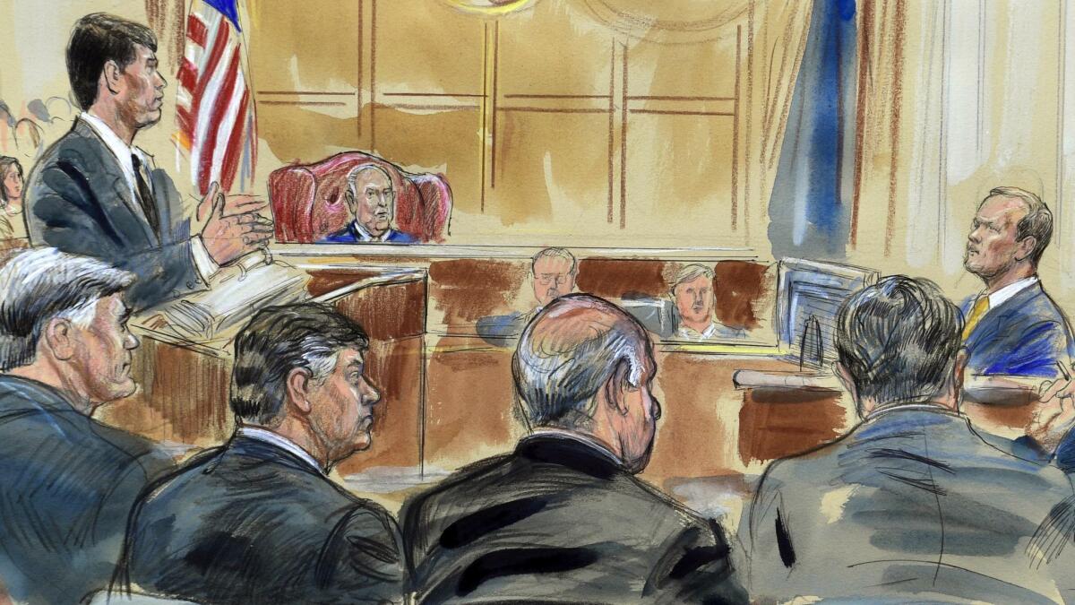 A courtroom sketch depicts Richard Gates, right, answering questions from prosecutor Greg Andres as he testifies in the trial of Paul Manafort, seated second from left.