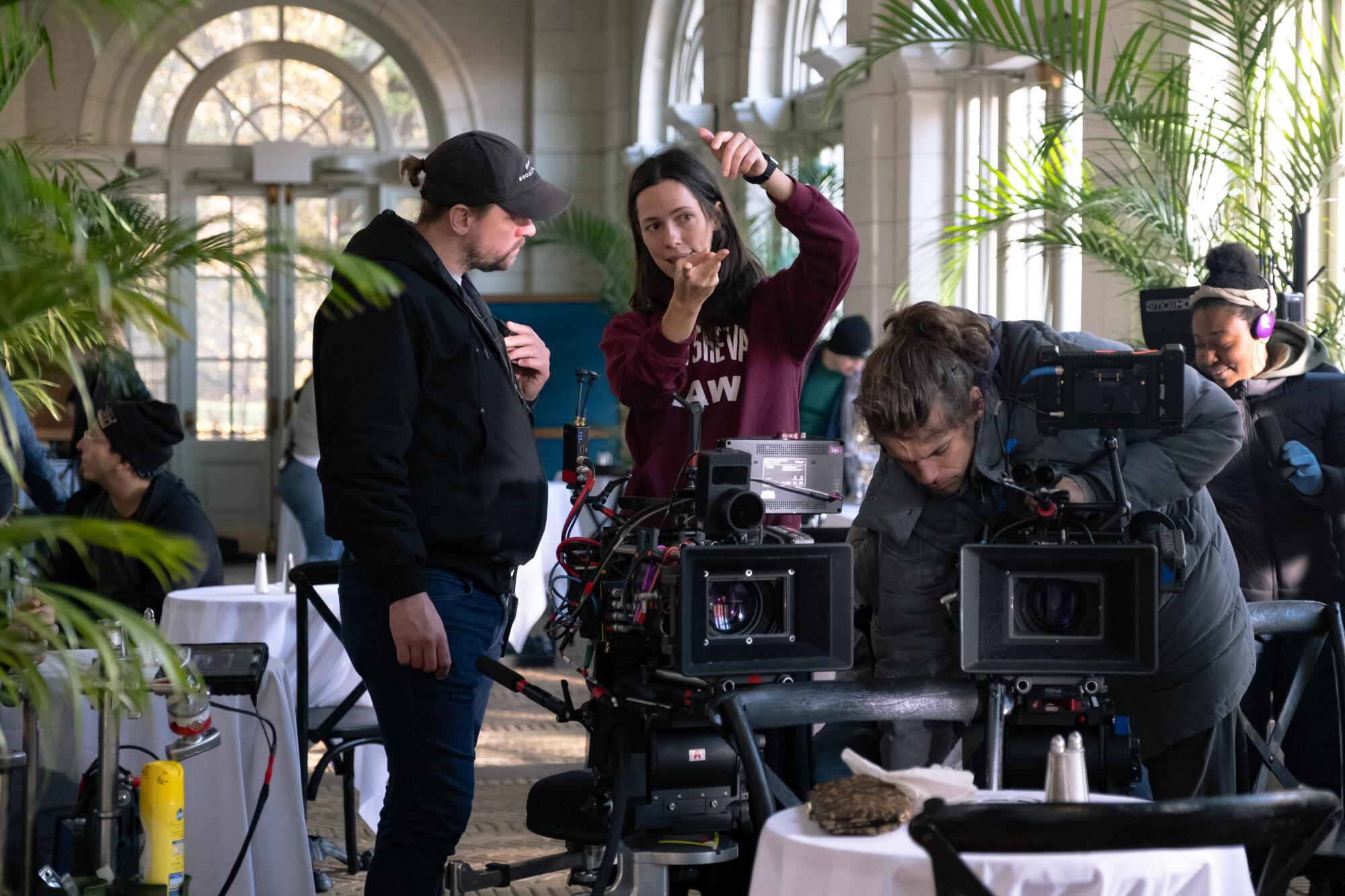 Rebecca Hall (center) on the set of her directorial debut "Passing."