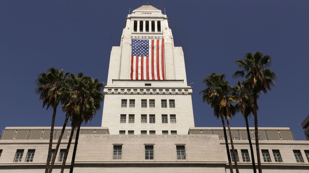The American flag draped on Los Angeles City Hall in 2017.