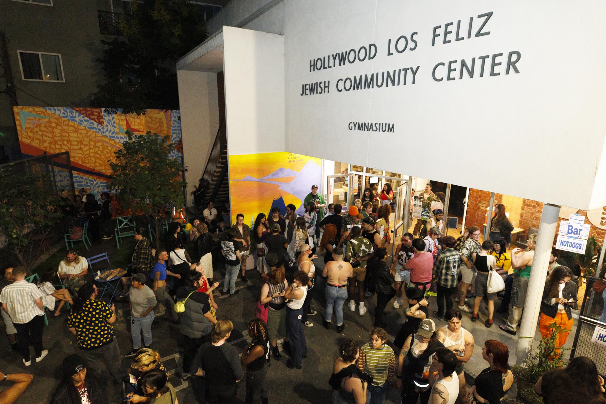 Attendees congregate outside in between rounds at the event at the Hollywood Los Feliz Jewish Community Center.