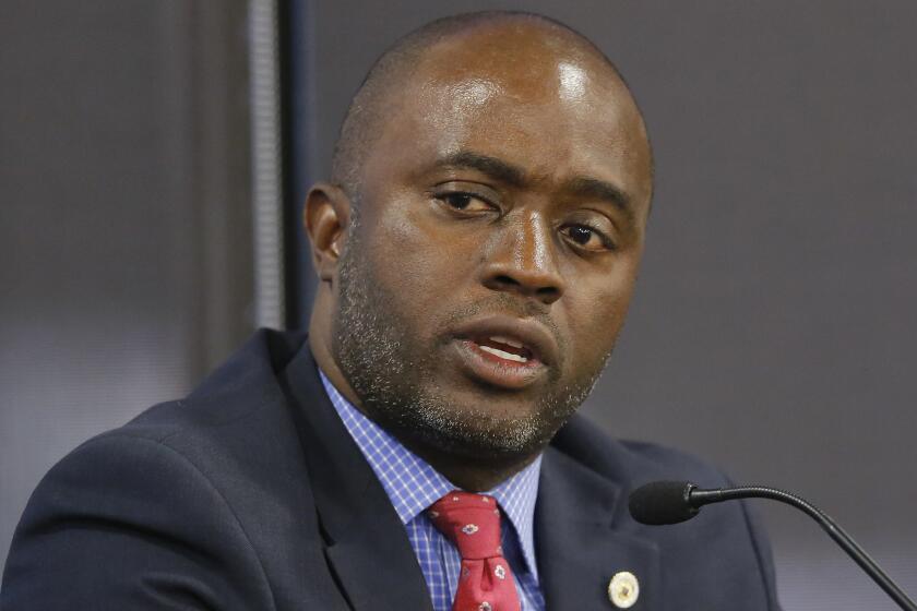 FILE - In this Tuesday, Sept. 11, 2018 photo, Assemblyman Tony Thurmond, D-Richmond, a candidate for Superintendent of Public Instruction, appears at a candidates debate hosted by the Sacramento Press Club in Sacramento, Calif. Thurmond is running against Marshall Tuck, a former charter schools executive. (AP Photo/Rich Pedroncelli, File)