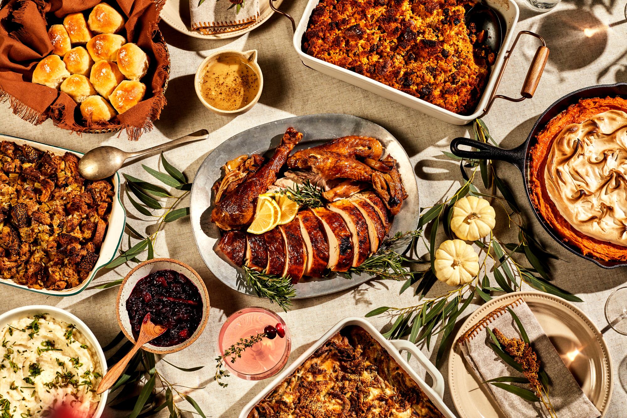 A Thanksgiving spread prepared in the L.A. Times test kitchen. (Katrina Frederick / For The Times)