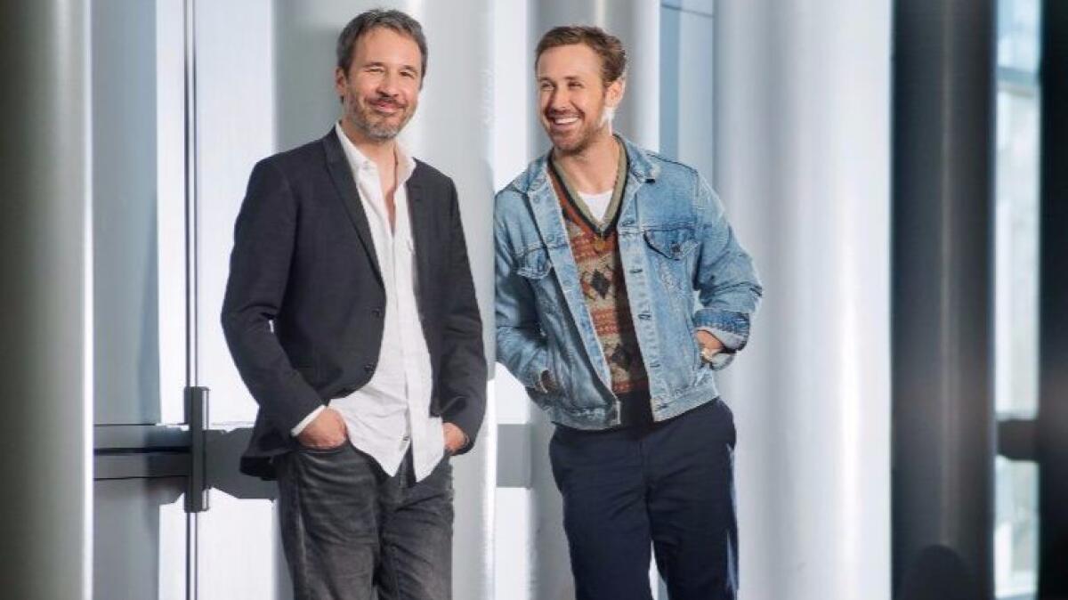 Denis Villeneuve, left, with Ryan Gosling, strove to make “2049” the real deal. “I love the first film so much,” he says.