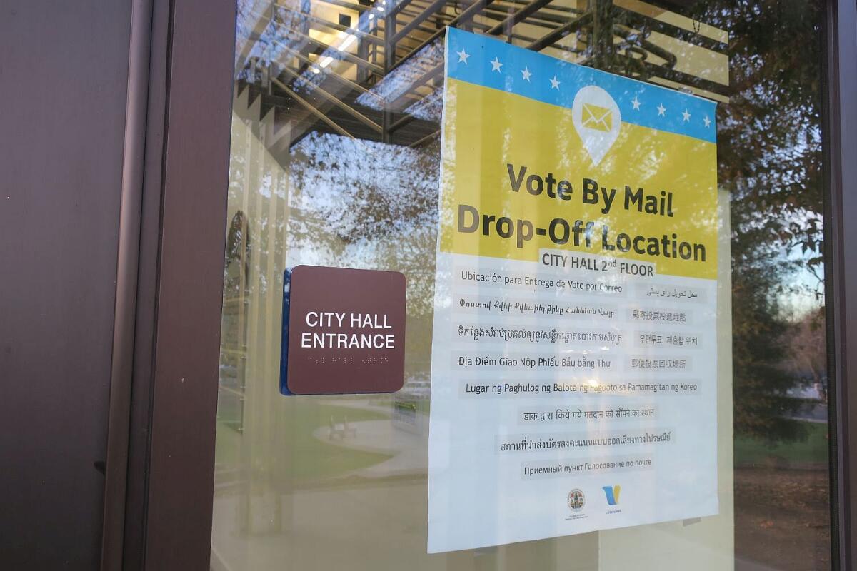 Sign posted at La Cañada-Flintridge City Hall: "Vote by mail drop off location."