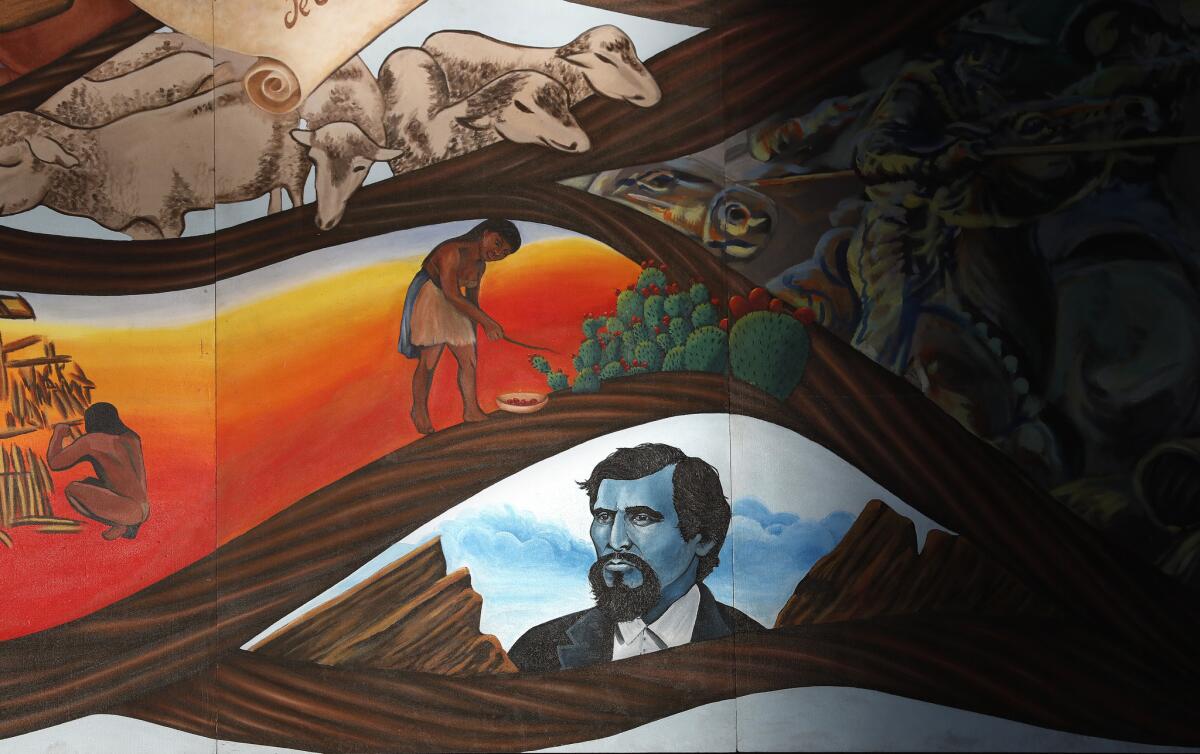 A detail from Carrasco's mural shows 19th century outlaw Tiburcio Vasquez, celebrated by some as a Mexican Robin Hood, and Vasquez Rocks.