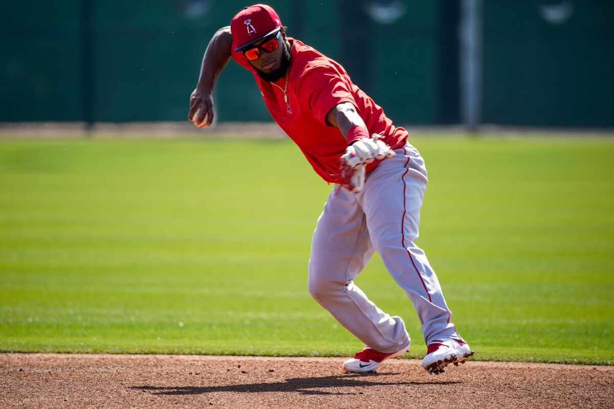 Angels' Luis Rengifo during first full squad workout at Spring Training at Tempe Diablo Stadium on Monday in Tempe, Ariz.