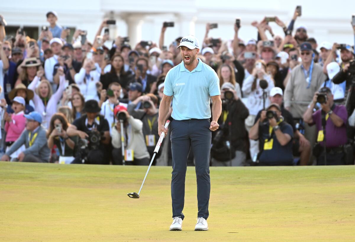 Wyndham Clark celebrates immediately after winning the U.S. Open at the Los Angeles Country Club on Sunday.