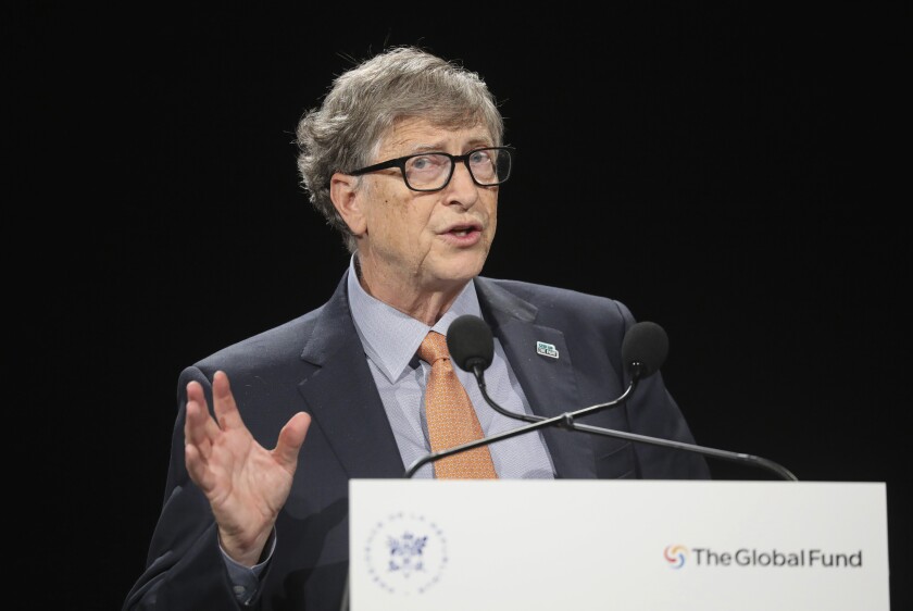 FILE - In this Thursday, Oct. 10, 2019, file photo, Philanthropist and Co-Chairman of the Bill & Melinda Gates Foundation Bill Gates gestures as he speaks to the audience during the Global Fund to Fight AIDS event at the Lyon's congress hall, central France. Despite damaging allegations suggesting Bill Gates pursued women who worked for him, don't expect changes to his roles at the two iconic institutions he co-founded, Microsoft and his namesake philanthropic foundation, raising accountability concerns from critics. (Ludovic Marin/Pool Photo via AP, File)