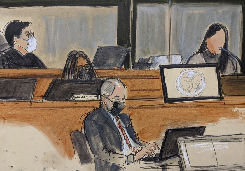 In this courtroom sketch, Judge Alison Nathan, far left, listens as a witness using the pseudonym "Jane" testifies during Ghislaine Maxwell's trial, Tuesday Nov. 30, 2021, in New York. The woman testified that she had repeated sexual contact with disgraced financier Jeffrey Epstein when she 14 and that Maxwell was there when it happened. (Elizabeth Williams via AP)