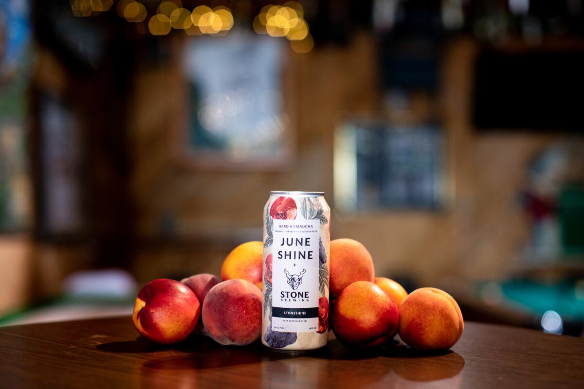 A can of StoneShine, a new product from JuneShine Hard Kombucha and Stone Brewing