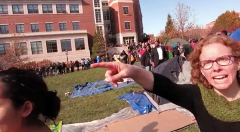 Melissa Click, right, a former assistant professor at the University of Missouri, is shown during a run-in with student journalists during protests on the Columbia campus on Nov. 9, 2015.
