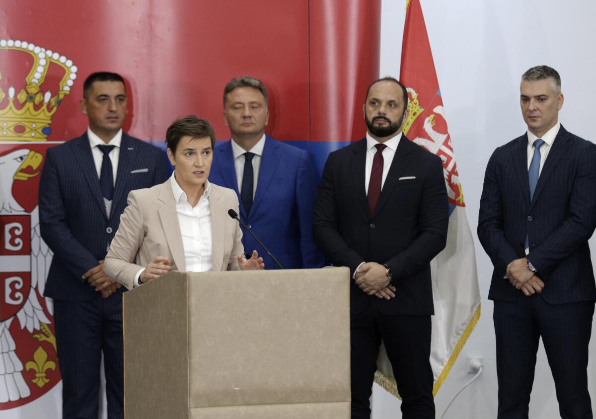 Serbian Prime Minister Ana Brnabic speaks during her visit in the northern, Serb-dominated part of ethnically divided town of Mitrovica, Kosovo, Monday, Sept. 5, 2022. Serbia does not recognize Kosovo's 2008 declaration of independence, and still considers the territory as its own. (AP Photo/Bojan Slavkovic)