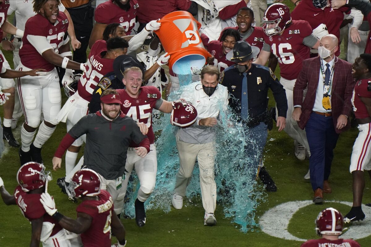 Alabama coach Nick Saban gets a Gatorade shower after the Crimson Tide beat Ohio State to win the national championship.