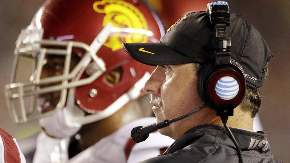 USC Coach Steve Sarkisian looks on during the Trojans' loss to Boston College on Sept. 13.