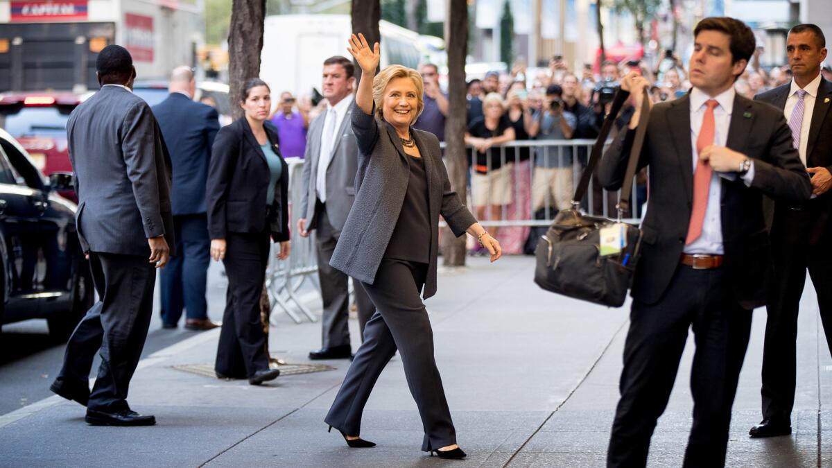 Democratic presidential candidate Hillary Clinton arrives for a taping of The Tonight Show with Jimmy Fallon in New York on Sept. 16.