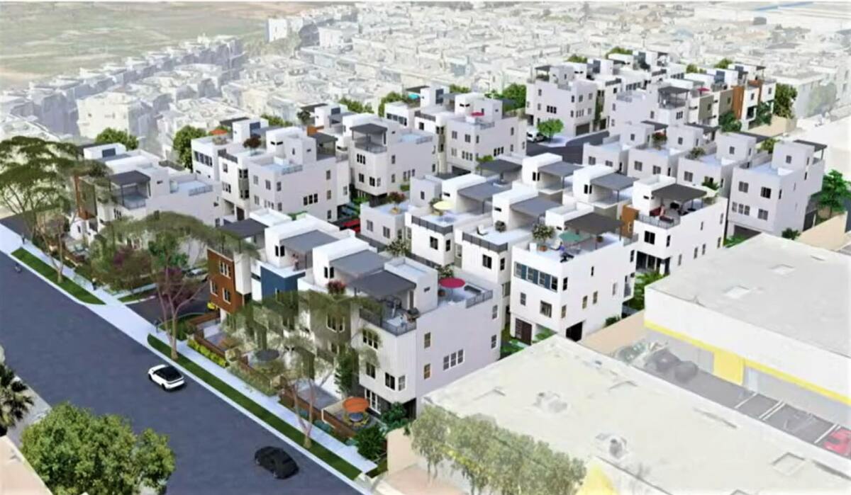 A birds-eye view, facing north, shows a 38-unit live-work development planned for Costa Mesa's 960 W. 16th St.