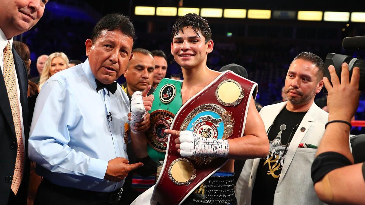 Ryan Garcia in the ring after winning a super-featherweight title fight at StubHub Center last spring.