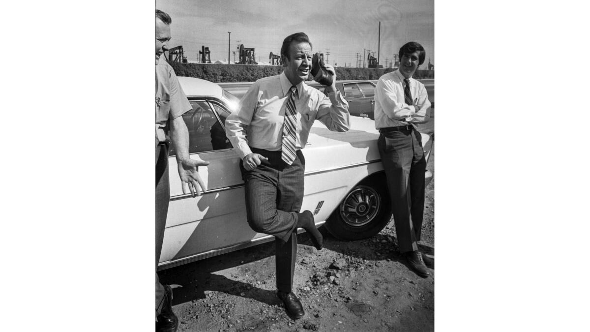 Oct. 29, 1970: Jess Unruh spoofs the "Get Smart" TV show while campaigning for governor.