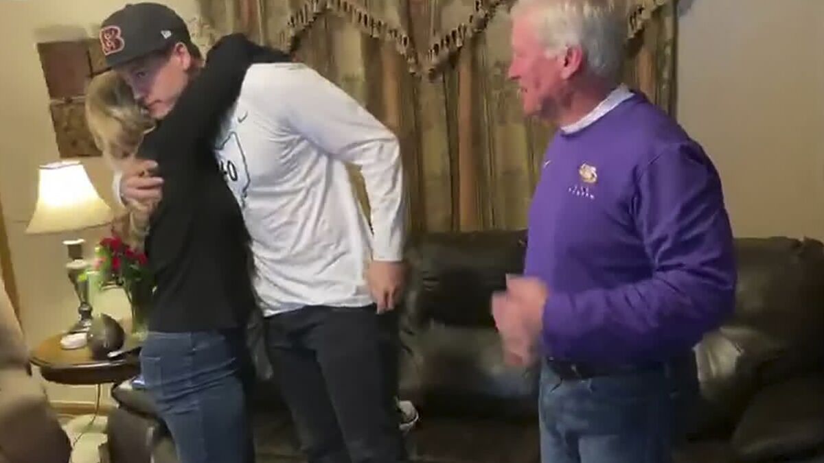In this still image from video provided by the NFL, LSU quarterback Joe Burrow celebrates being chosen first by the Cincinnati Bengals during the NFL Draft on Thursday.