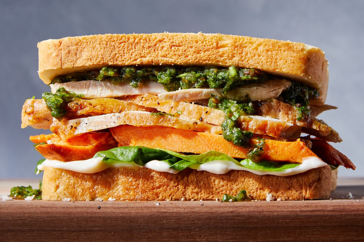 A sandwich with leftover turkey includes cilantro-date chutney for freshness and kick.