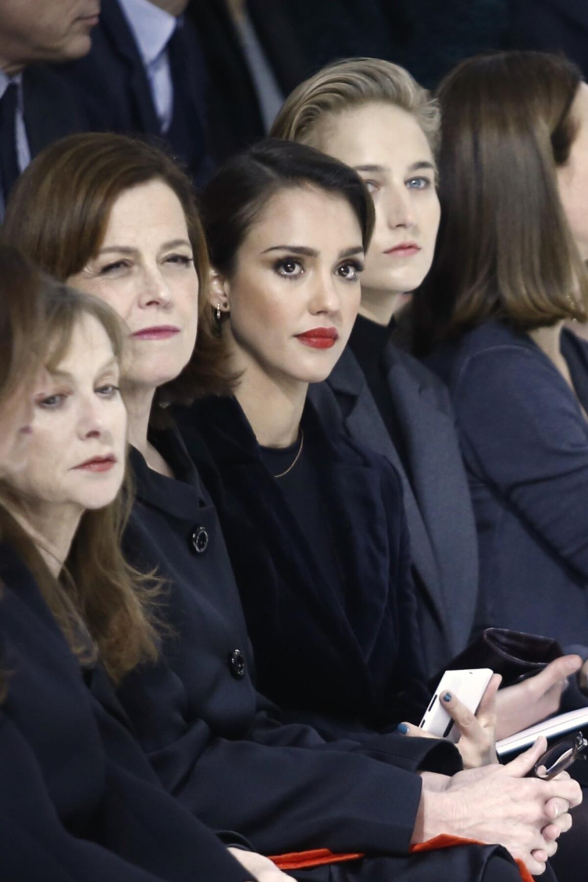 From left, French actress Isabelle Huppert, American actresses Sigourney Weaver, Jessica Alba and Leelee Sobieski at the Christian Dior Haute Couture Spring-Summer 2013 show in Paris.