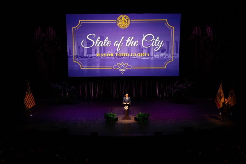 San Diego, CA - January 11: Mayor Todd Gloria delivers his 2023 State of the Address at Civic Theater San Diego, CA on Wednesday, Jan. 11, 2023. (Adriana Heldiz / The San Diego Union-Tribune)